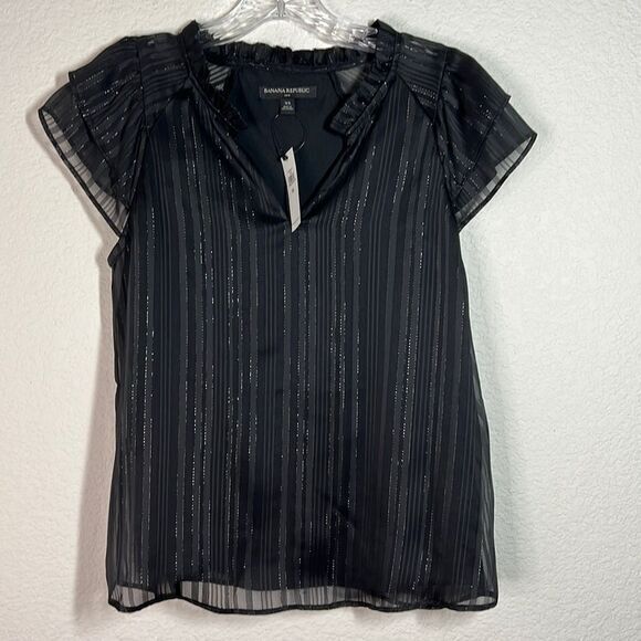 Banana Republic Black Striped Flutter Sleeves Ruffle V‎ Neck Top Women's XS - Picture 1 of 8